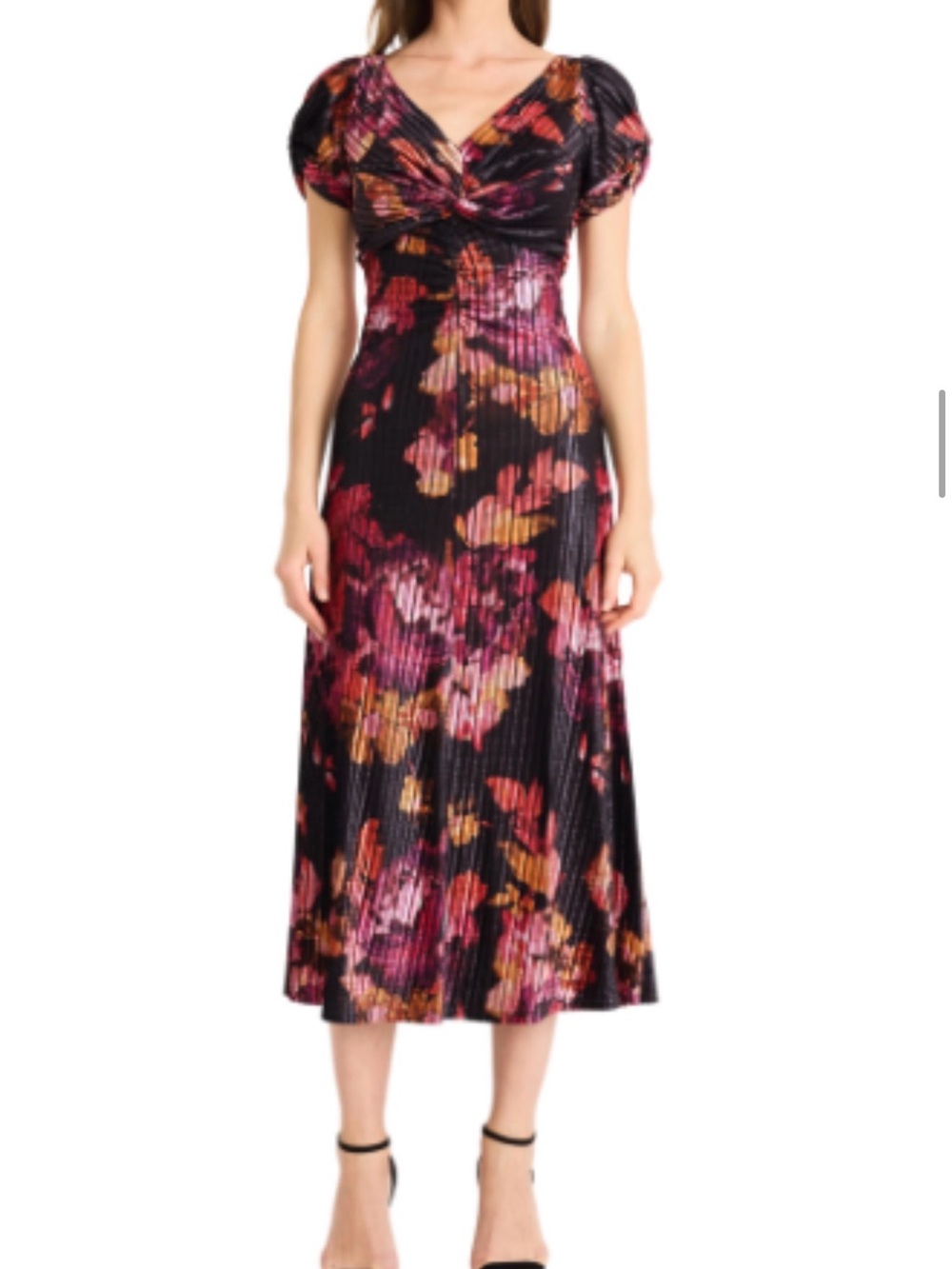 Maggy London Black and Hot Coral Floral Puff Sleeve Midi Dress